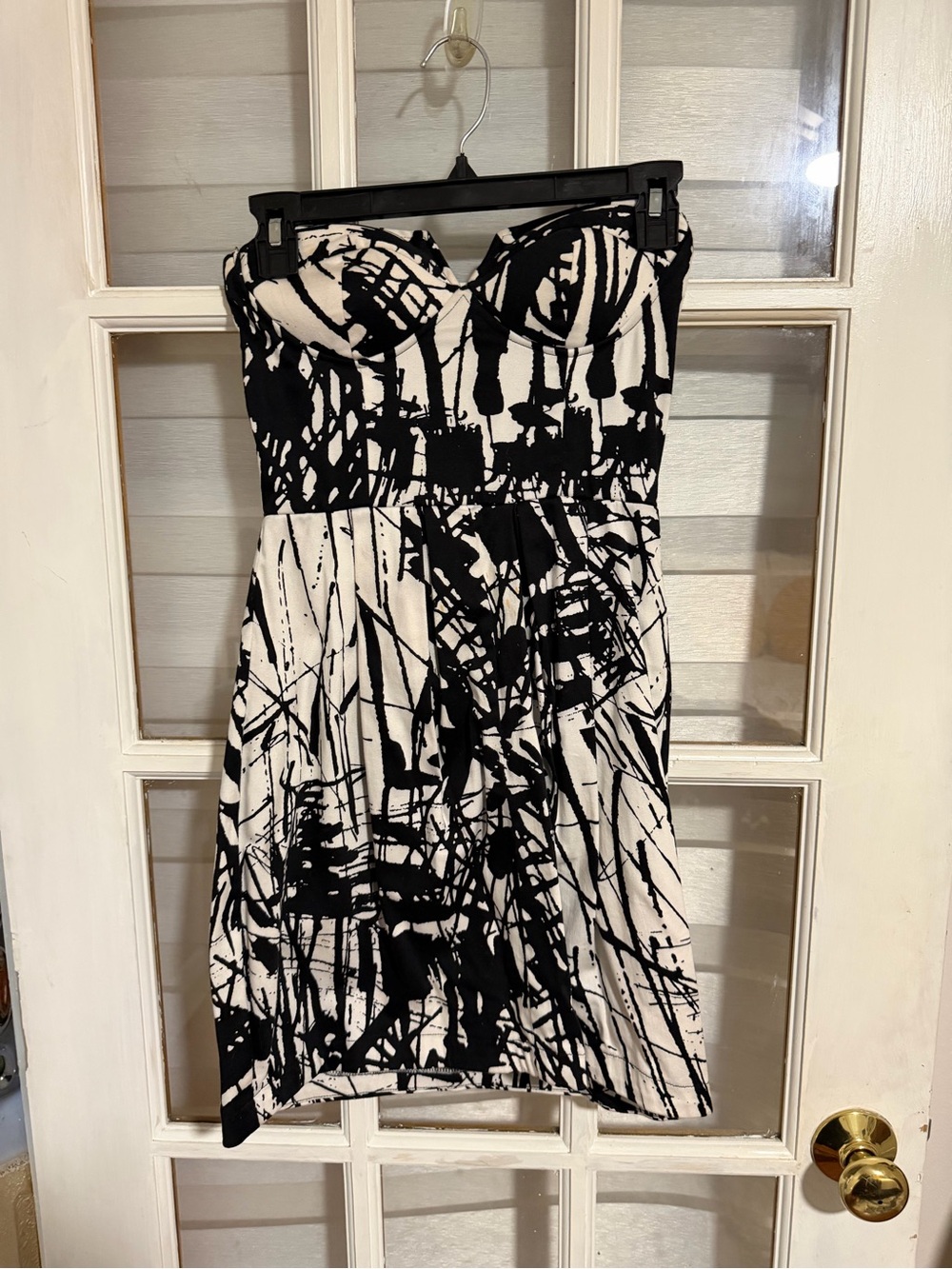 Strapless Black & White Abstract Print Dress